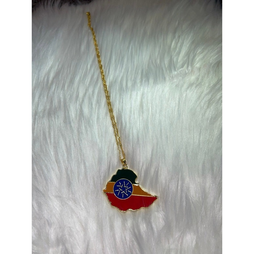 Ethiopia Flag Map Pendant Necklace Gold Tone Ethiopian Pride Jewelry